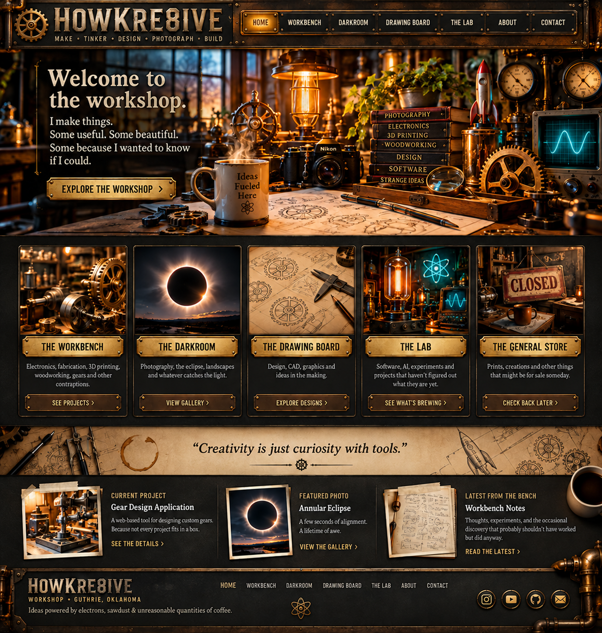 HowKre8ive workshop — making, tinkering, designing, photographing and building. Full interactive website coming soon.